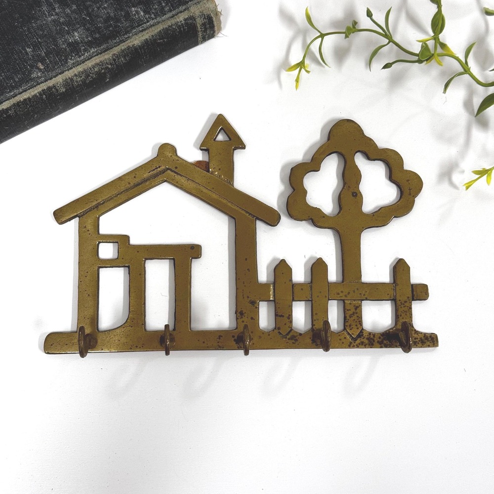 Vintage Brass House Key Rack: Cottagecore Picket Fence Decor